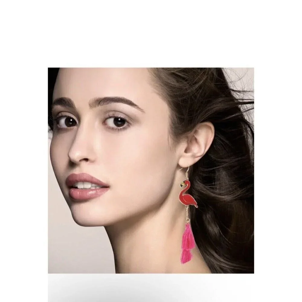 Pink Gold Enamel Flamingo Dangle Fashion Earrings